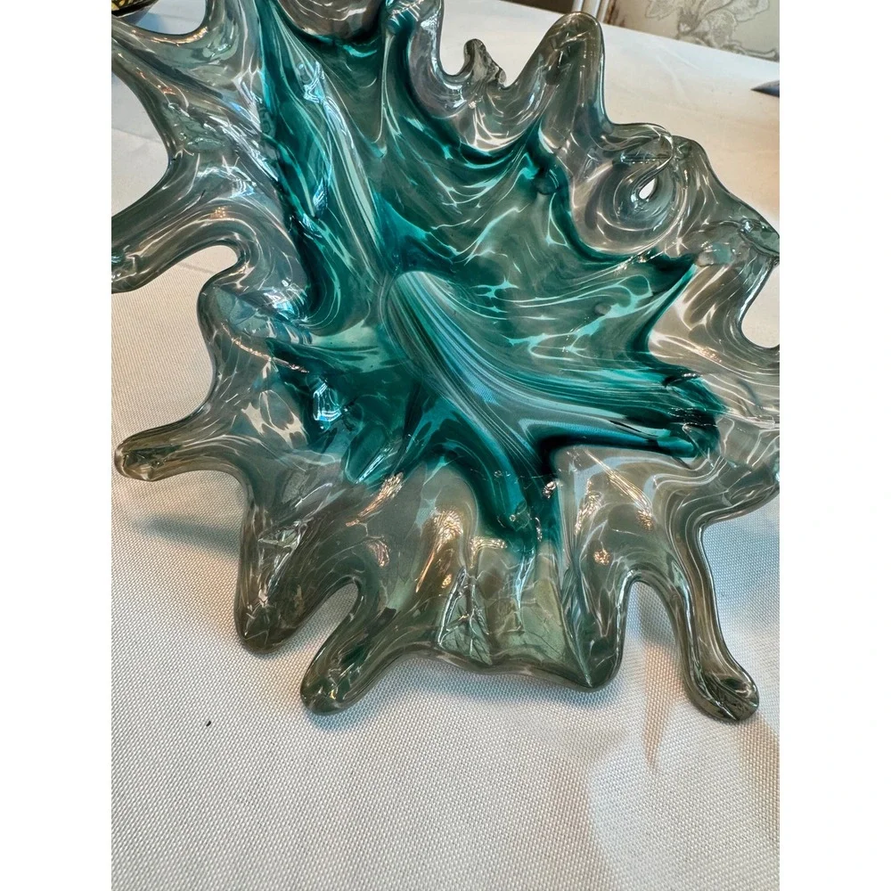 Hand Blown Art Glass Splash Vase Turquoise Teal‎ Smoky Grey Spiral statue Murano